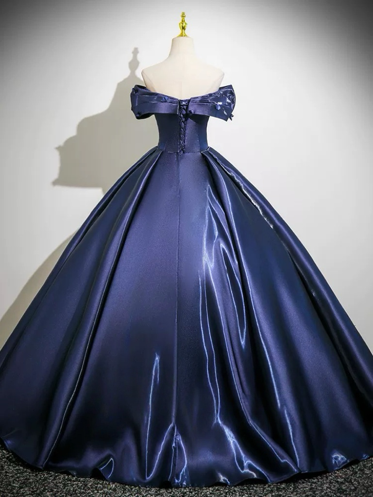 A-Line Off Shoulder Satin Dark Blue Long prom Dress, Dark Blue Long Formal Dress