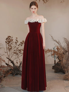 A-Line Off Shoulder Velvet Burgundy Long Prom Dress, Burgundy Formal Dress