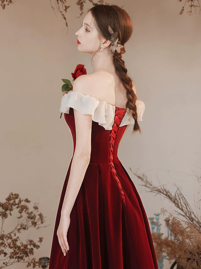 A-Line Off Shoulder Velvet Burgundy Long Prom Dress, Burgundy Formal Dress