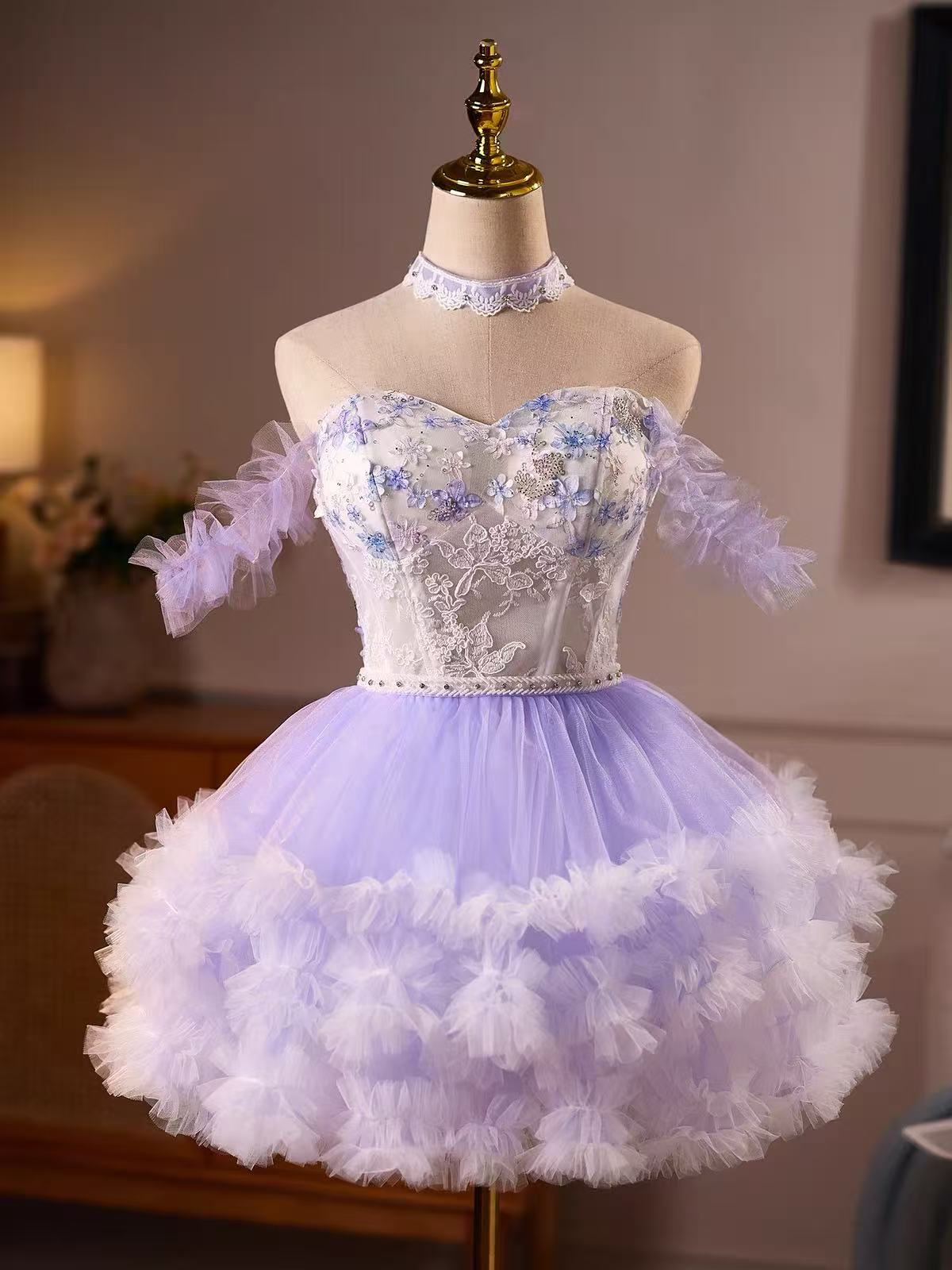 Purple Off Shoulder Tulle Lace Short Prom Dress, Purple Homecoming Dress