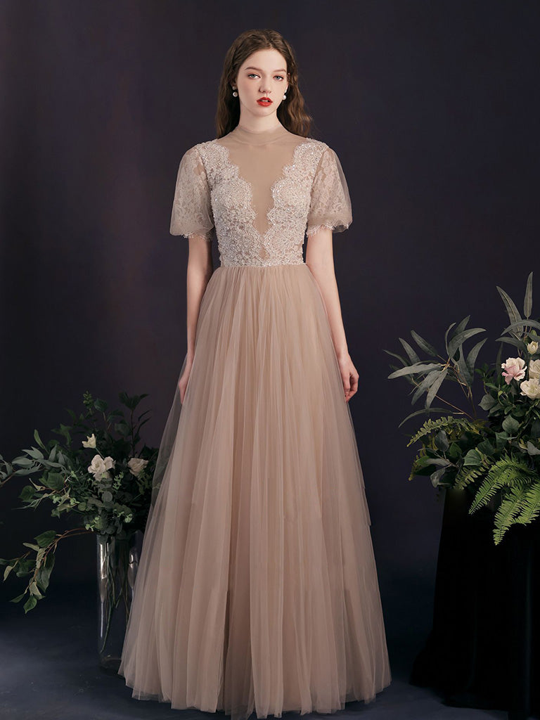 A-Line Tulle Lace Champagne Long Prom Dress, Champagne Long Bridesmaid Dress