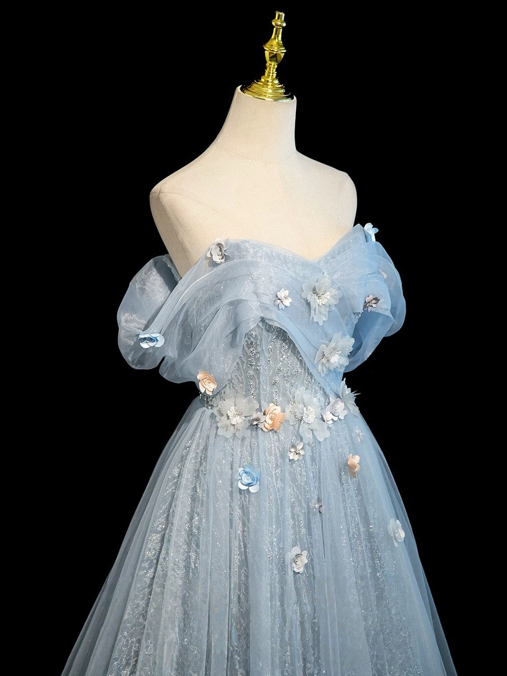 A-line Off Shoulder Tulle Lace Applique Gray Blue Long Prom Dress