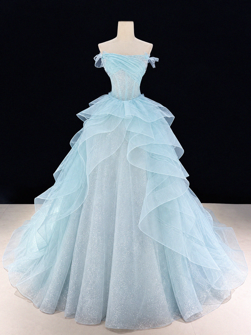 Blue Strapless Ruffle Tiered Tulle Long Prom Dress with Glitter Details