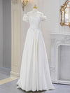A-Line Off Shoulder Satin ivory Long Prom Dress, Ivory  Long Bridesmaid Dress