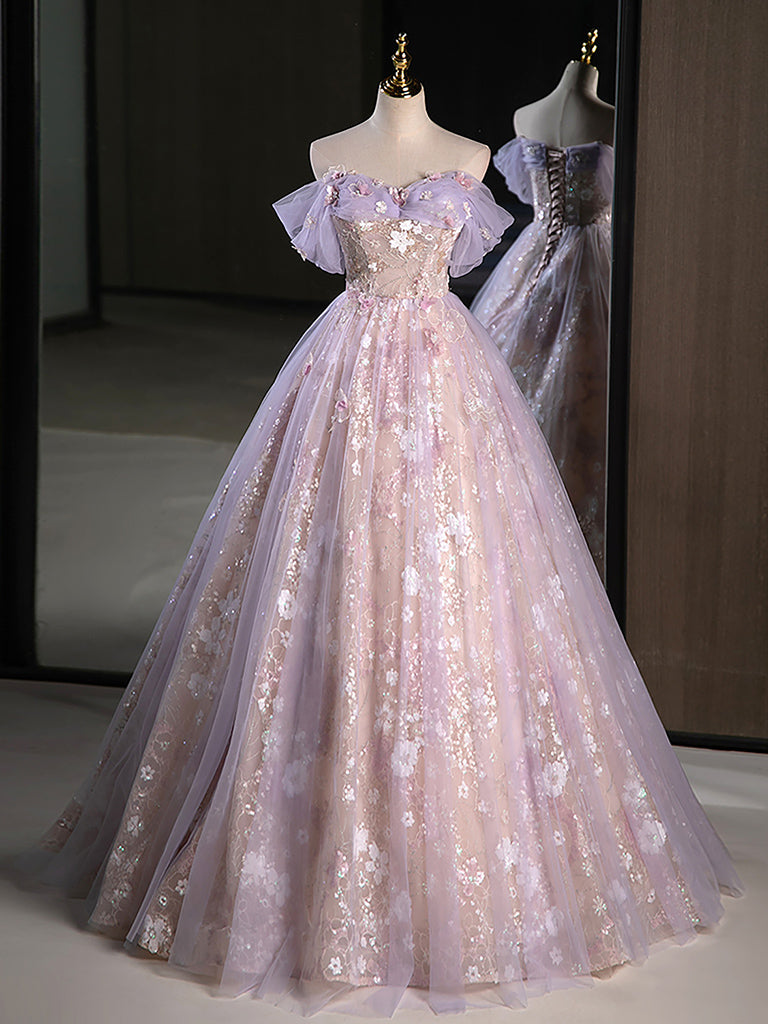 Purple Embroidery Lace & Tulle Off-the-shoulder Prom Dress Purple Embroidery Lace & Tulle Off-the-shoulder Prom Dress