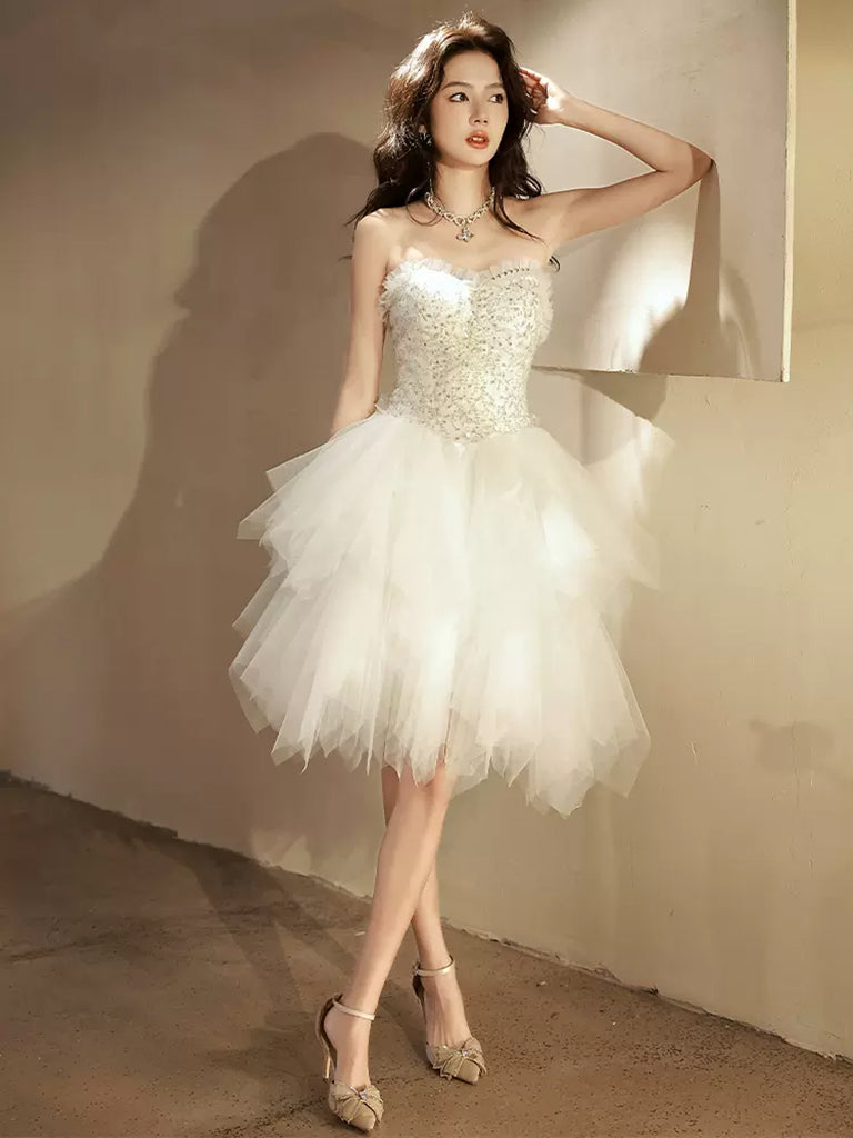 Beige Tulle Sequin Short Prom Dress, Beige Homecoming Dress US 12 / Custom Color Beige Tulle Sequin Short Prom Dress, Beige Homecoming Dress US 12 / Custom Color