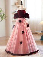 A-Line Burgundy/Pink Tulle Velvet Long Prom Dress, Burgundy Formal Dress