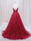A-Line V Neck Tulle Burgundy Long Prom Dress, Burgundy Formal Dresses