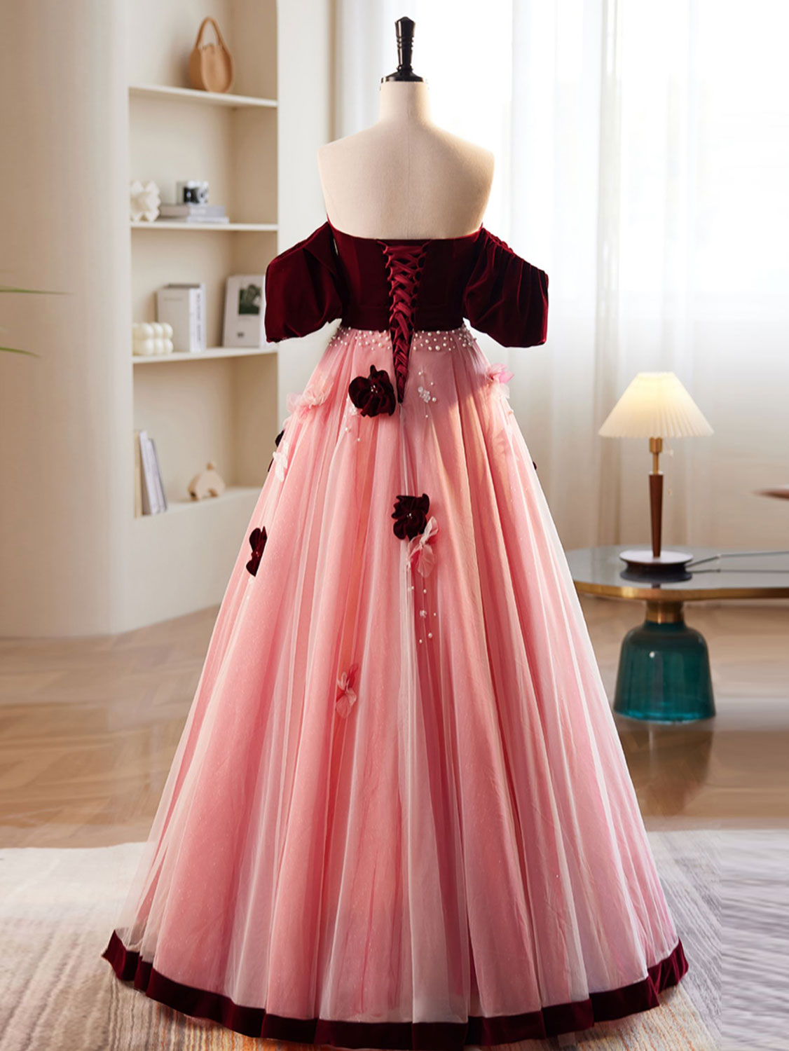 A-Line Burgundy/Pink Tulle Velvet Long Prom Dress, Burgundy Formal Dre