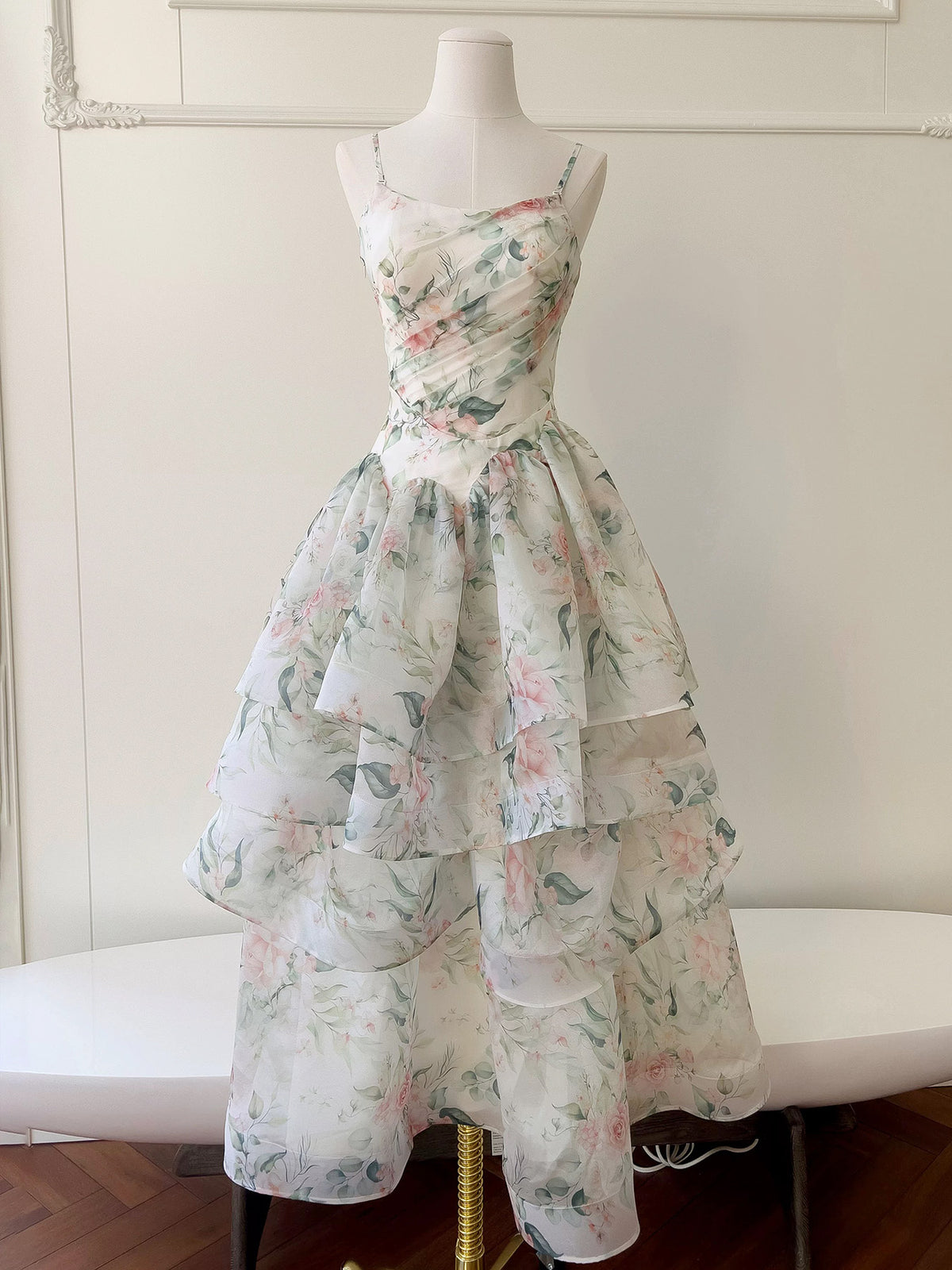 A-line Printed Organza Long Light Champagne Party Prom Dress