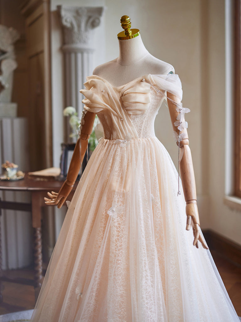 A-Line Off Shoulder Tulle Beads Champagne Long Prom Dress