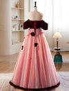 A-Line Burgundy/Pink Tulle Velvet Long Prom Dress, Burgundy Formal Dress