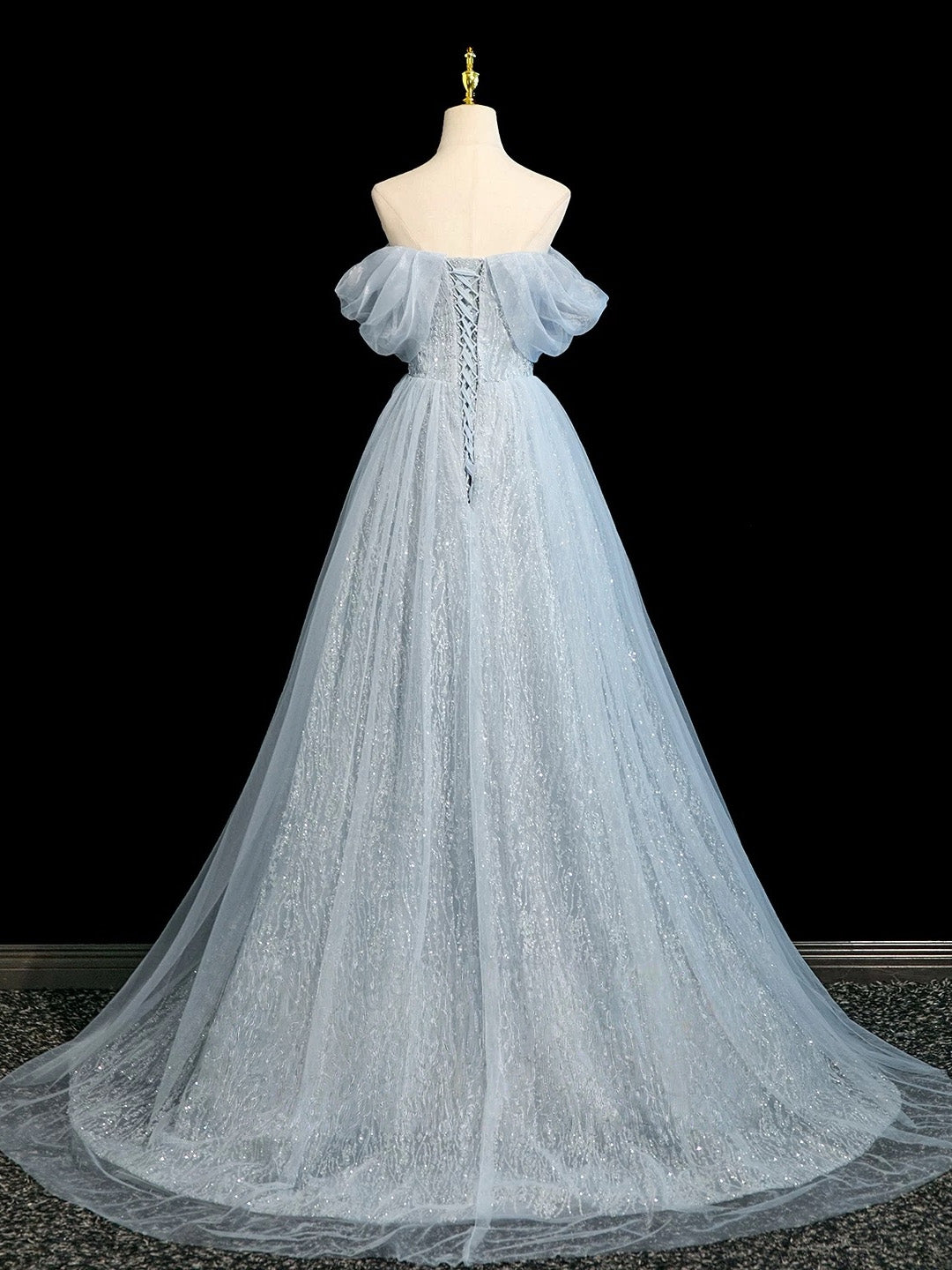 A-line Off Shoulder Tulle Lace Applique Gray Blue Long Prom Dress