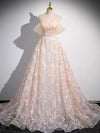 A-Line Off Shoulder Tulle Lace Champagne Long Prom Dress, Champagne Formal Dress