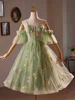 A-Line Off Shoulder Sweetheart Neck Tulle Lace Green Short Prom Dress