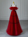 A-Line Tulle Burgundy Long Prom Dress, Burgundy Long Formal Dress