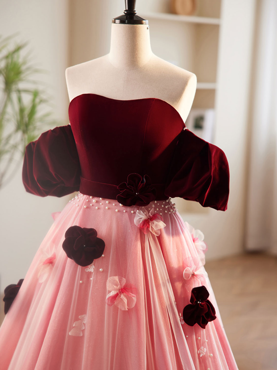 A-Line Burgundy/Pink Tulle Velvet Long Prom Dress, Burgundy Formal Dre