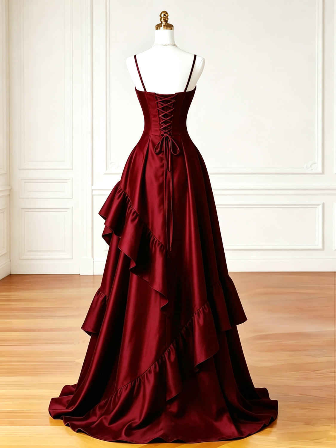 A-line Sweetheart Satin Ruffles Burgundy Long Prom Dress