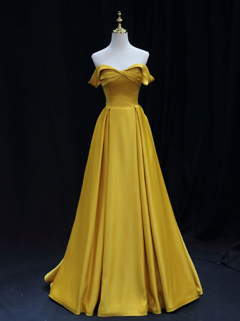 Simple Off Shoulder Yellow Satin Long Prom Dress, Yellow Formal Evenin ...