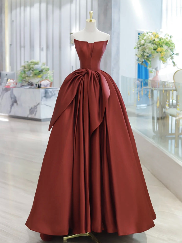 A-Line Satin Dark Red Long Prom Dress, Dark Red Formal Dress