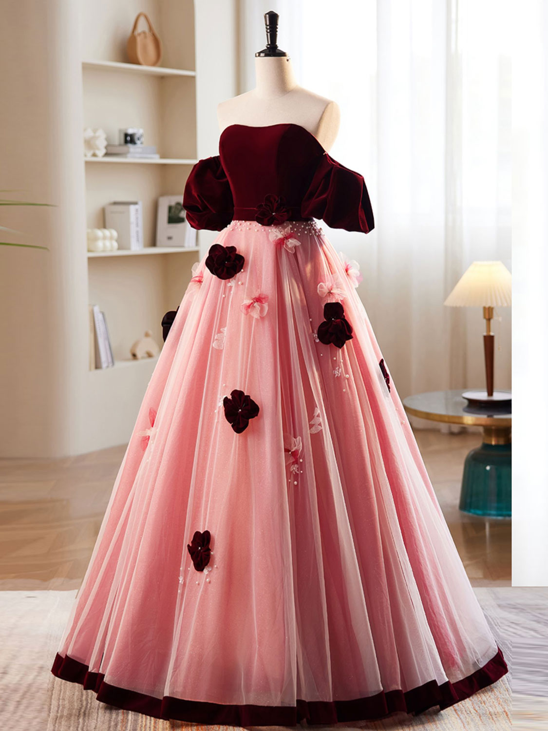 A-Line Burgundy/Pink Tulle Velvet Long Prom Dress, Burgundy Formal Dre