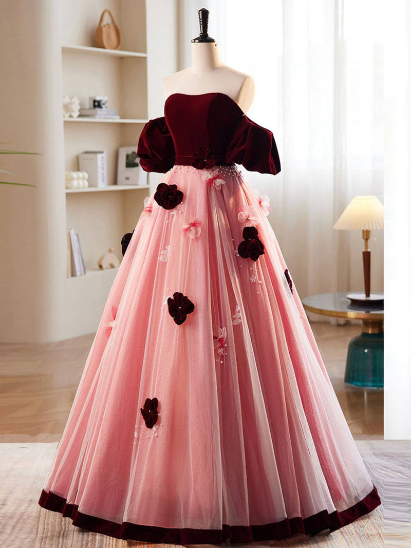 A-Line Burgundy/Pink Tulle Velvet Long Prom Dress, Burgundy Formal Dre shopluu A-Line Burgundy/Pink Tulle Velvet Long Prom Dress, Burgundy Formal Dre shopluu