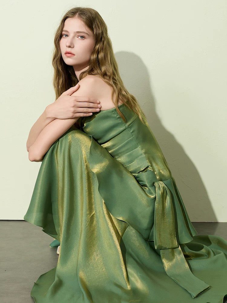 A-line Sweetheart Tea Length Silk Green Prom Dress