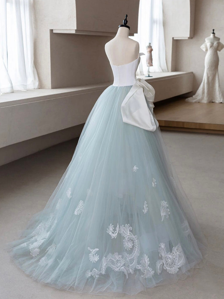 A-Line Blue Tulle Lace Applique Long Prom Dress, Blue Long Formal Dress