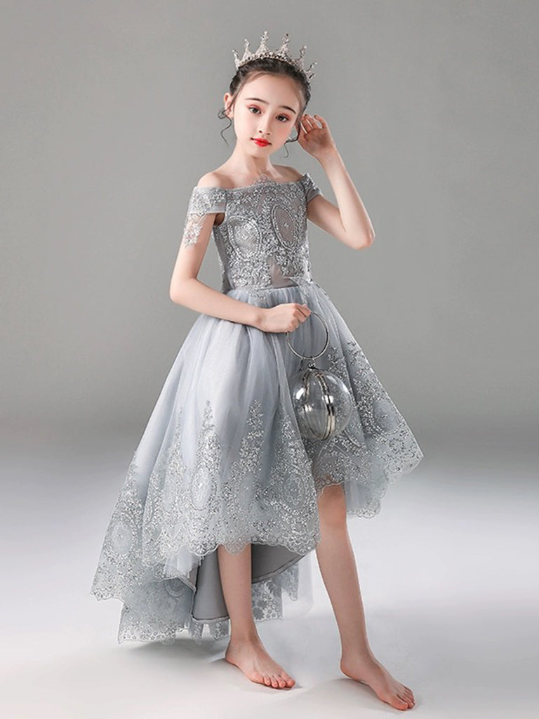 A-Line Gray Tulle Lace High Low Flower Girl Dress 2 / Gray A-Line Gray Tulle Lace High Low Flower Girl Dress 2 / Gray