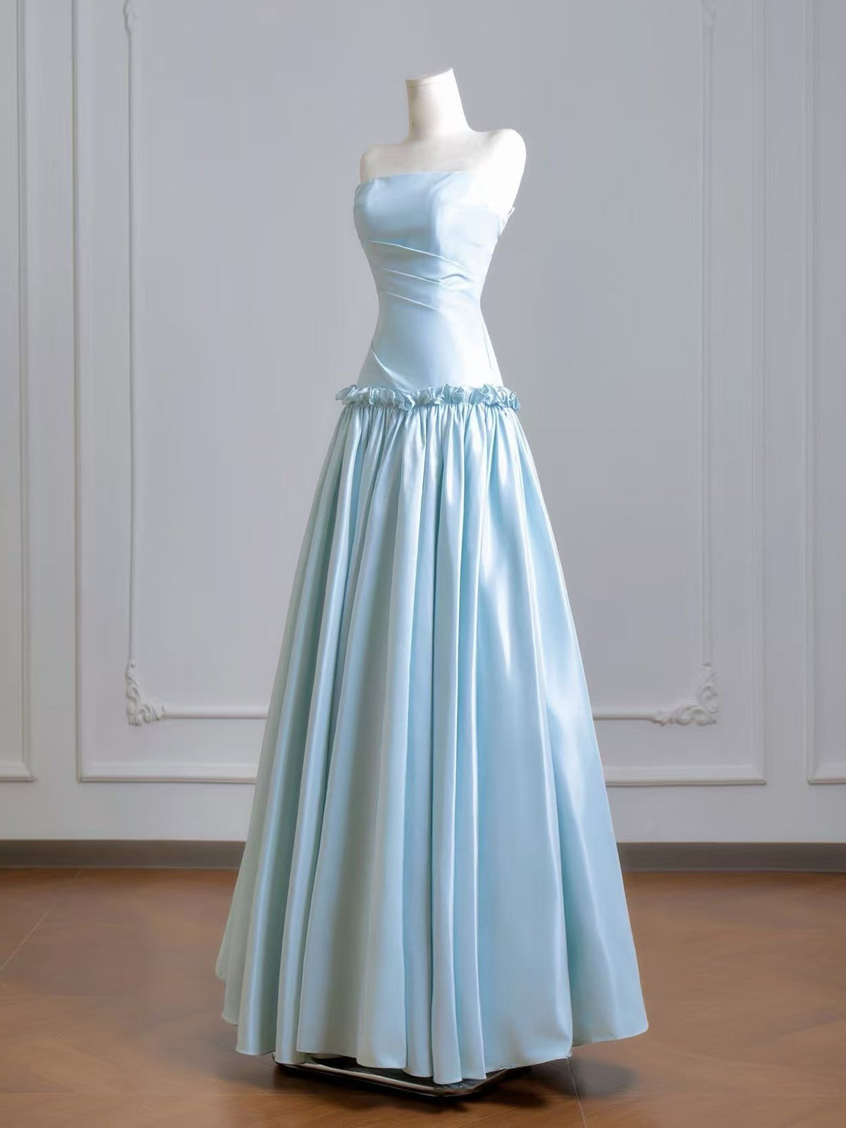 A-Line Blue Strapless Satin A-Line Prom Dress with Ruched Bodice