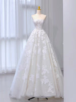 A-Line Tulle Lace ivory Sweep Train Long Wedding Dress