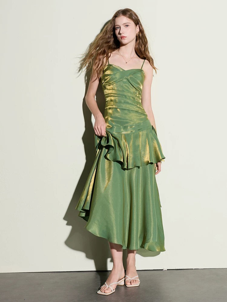 A-line Sweetheart Tea Length Silk Green Prom Dress