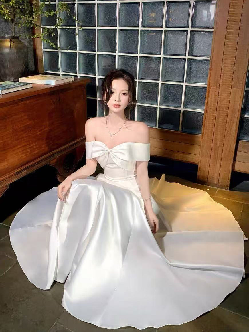 A-line Off Shoulder Sweetheart White Long Prom Dress