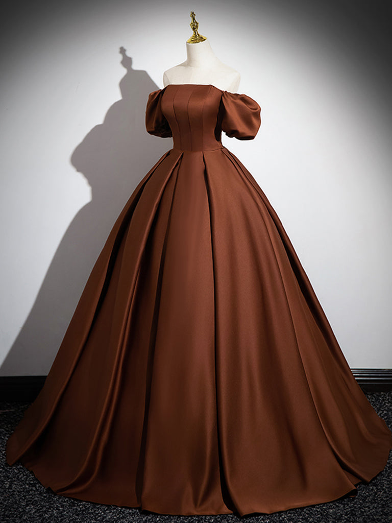 Brown A-Line Satin Long Prom Dress, Brown Long Formal Dress