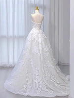 A-Line Tulle Lace ivory Sweep Train Long Wedding Dress