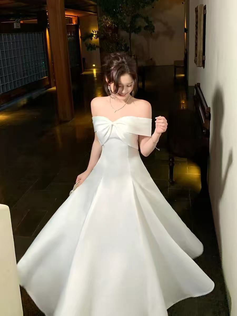 A-line Off Shoulder Sweetheart White Long Prom Dress