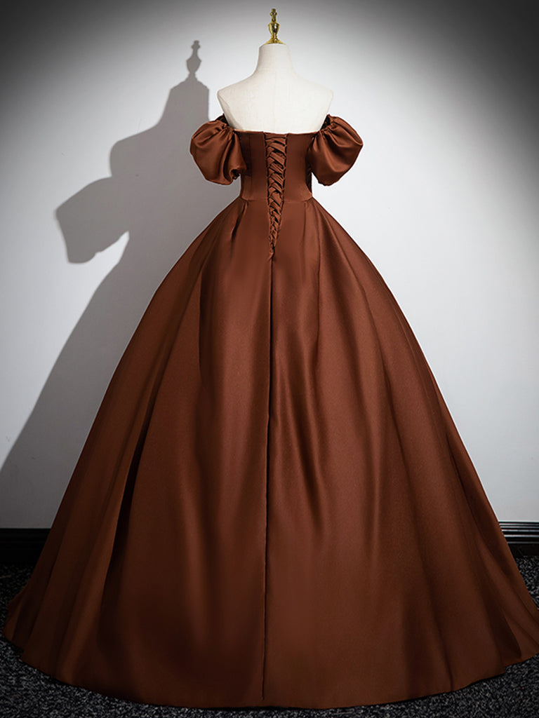 Brown A-Line Satin Long Prom Dress, Brown Long Formal Dress US 4 / Brown