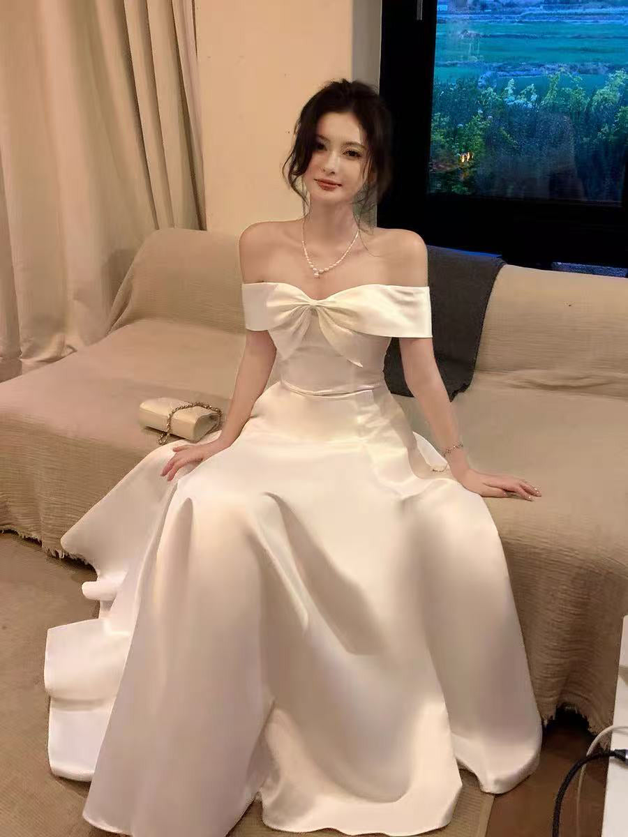 A-line Off Shoulder Sweetheart White Long Prom Dress