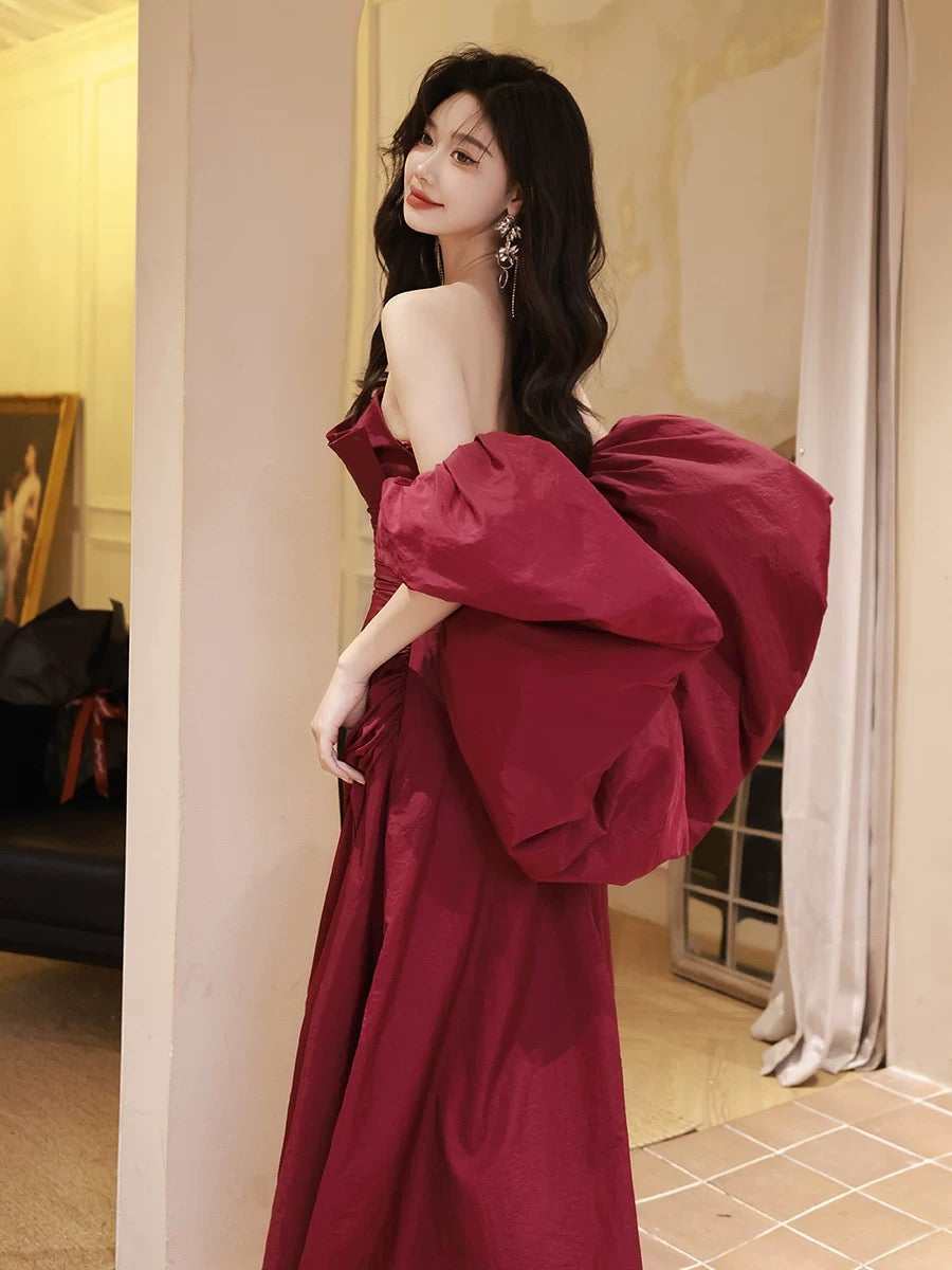 A-Line Off-the-shoulder Taffeta Burgundy Long Prom Dress with Puff Sleeves