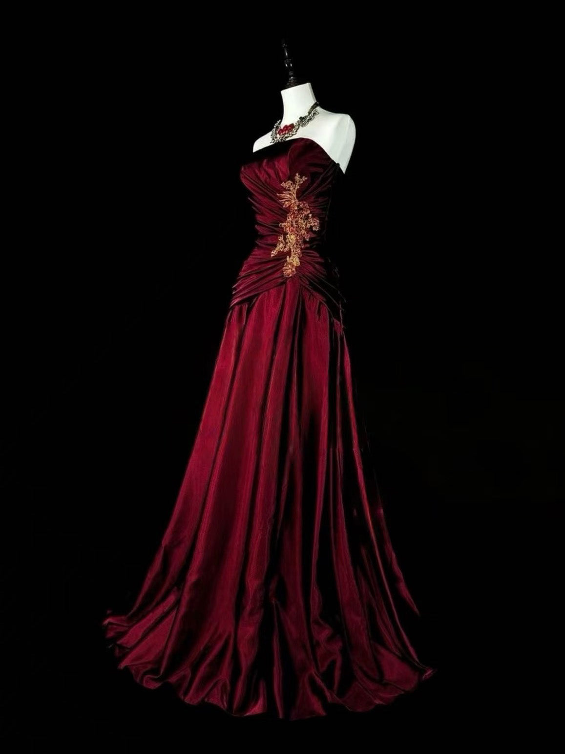 A-line Satin Lace Applique Burgundy Long Prom Dress