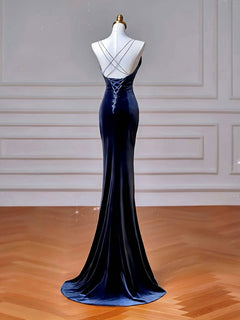 Simple Mermaid Velvet Dark Blue Long Prom Dress, Dark Blue Long Formal Dress