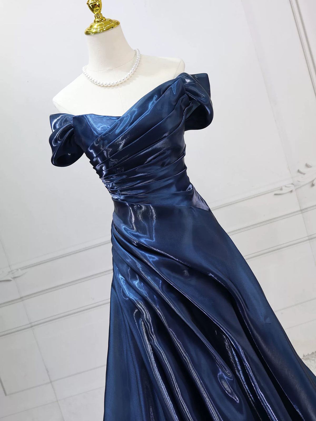 A-line Off Shoulder Dark Blue Long Prom Dress