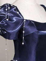A-Line Puff Sleeves Dark Blue Long Prom Dress, Dark Blue Long Evening Dress