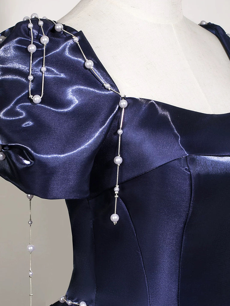 A-Line Puff Sleeves Dark Blue Long Prom Dress, Dark Blue Long Evening Dress