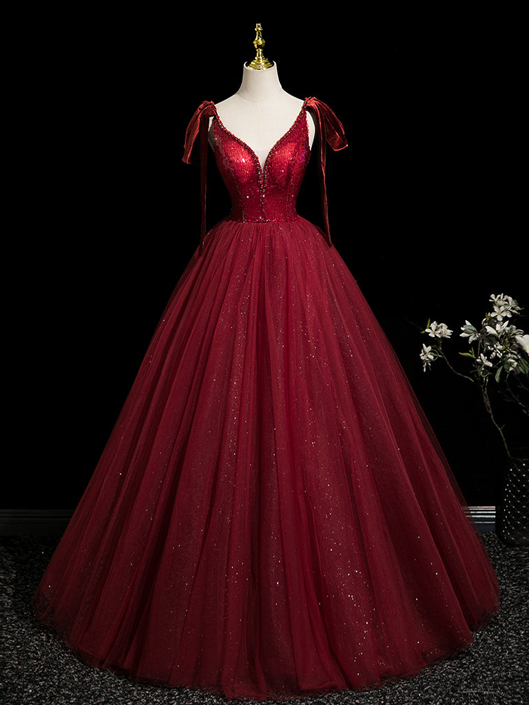 A-Line V Neck Tulle Sequin Burgundy Long Prom Dress, Burgundy Long Evening Dress