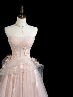 A-Line Tulle Lace Pink Long Prom Dress, Pink Long Formal Dress