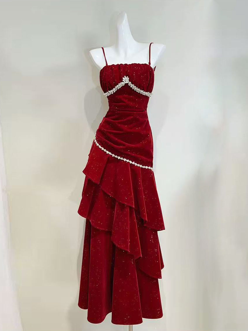 Unique Velvet Ruffles Floor Length Burgundy Prom Dress, Burgundy Party Dress