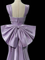 Simple Satin Purple Long Prom Dress, Purple Long Formal Dress with bow tie