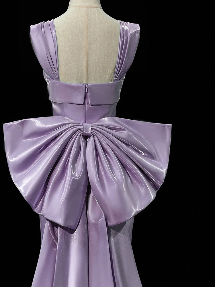 Simple Satin Purple Long Prom Dress, Purple Long Formal Dress with bow tie