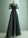 A-Line Black Puff Sleeves Tulle Long Prom Dress, Black Formal Evening Dress